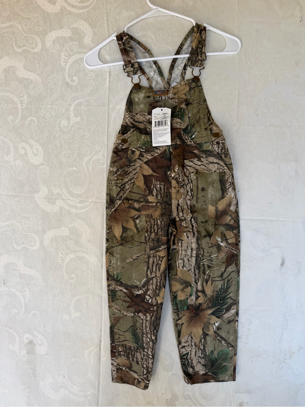 Kids Camo Utility Overalls - Green Brown Woodland Print